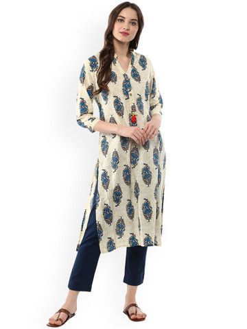 Sringam Women Off-White & Blue Printed Straight Kurta