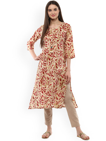 Sringam Women Beige & Red Printed Straight Kurta