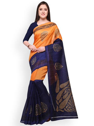 Blissta Yellow & Navy Blue Art Silk Printed Bhagalpuri Saree
