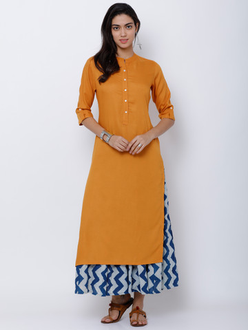Vishudh Women Mustard Solid Straight Kurta