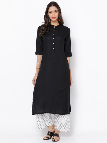 Vishudh Women Black Solid Straight Kurta