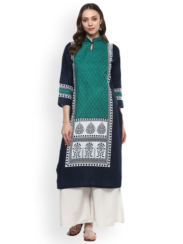 Ishin Women Teal & White Printed Kurta with Palazzos