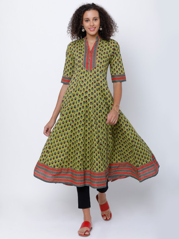 Vishudh Women Green Printed Anarkali Kurta Vishudh Women Green Printed Anarkali Kurta