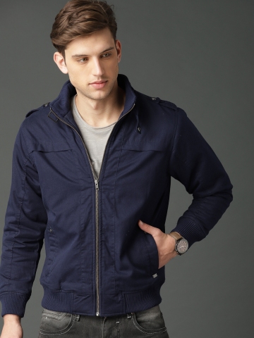 45 OFF on Roadster Men Navy Blue Solid Bomber on Myntra