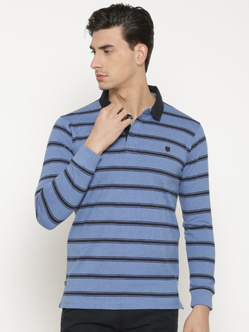 t-base Men Blue Striped Polo Collar T-shirt t-base Men Blue Striped Polo Collar T-shirt