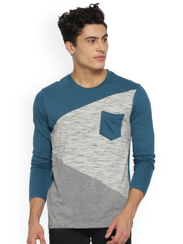 Campus Sutra Men Grey Colourblocked Round Neck T-shirt
