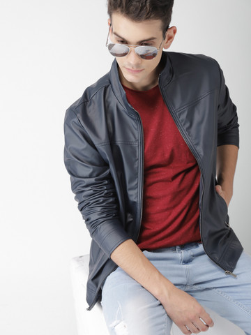 Mast & Harbour Men Navy Blue Solid Bomber