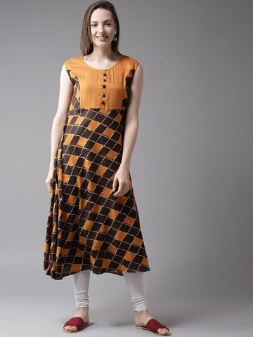 HERE&NOW Women Mustard Yellow & Brown Printed A-Line Kurta