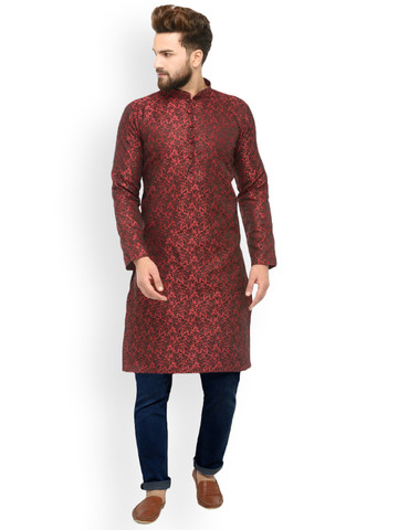 Jompers Men Maroon & Black Woven Design Straight Kurta