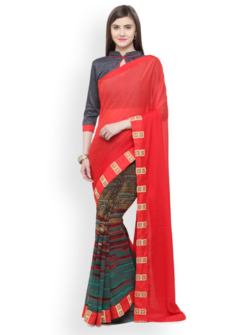 Shaily Red & Black Half and Half Pure Georgette Saree