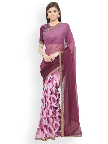 Shaily Purple Printed Pure Georgette Saree