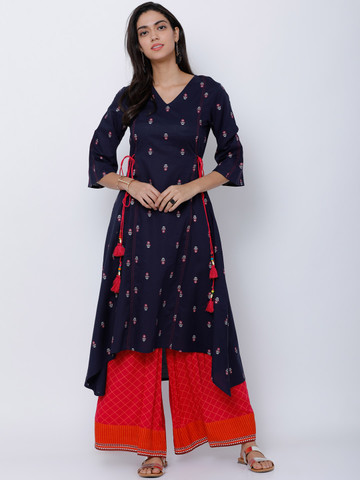 Vishudh Women Navy Blue & Red Printed Asymmetric A-Line Kurta