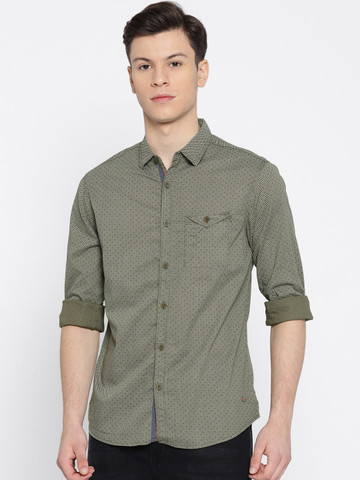 SPYKAR Men Olive Green \u0026 White Slim Fit 