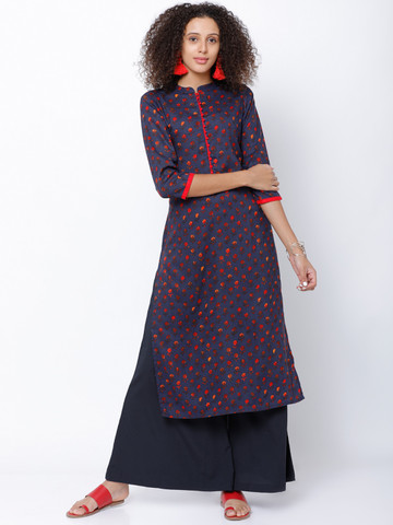 Vishudh Women Navy Blue & Orange Printed Kurta with Palazzos Vishudh Women Navy Blue & Orange Printed Kurta with Palazzos