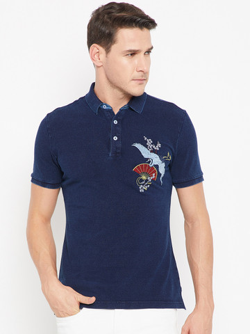 CAMLA Men Navy Blue Solid Polo Collar T-shirt