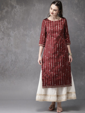 Anouk Women Maroon & Gold-Toned Woven Design Straight Kurta