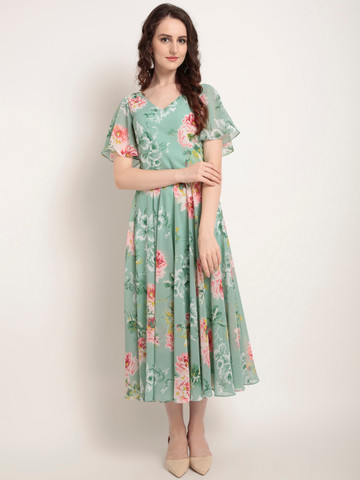 RARE Women Green Printed Fit and Flare Dress