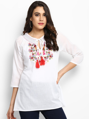 Bhama Couture Women Off-White A-Line Top with Embroidery