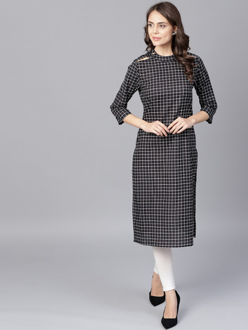 Nayo Women Black & White Checked Straight Kurta Nayo Women Black & White Checked Straight Kurta