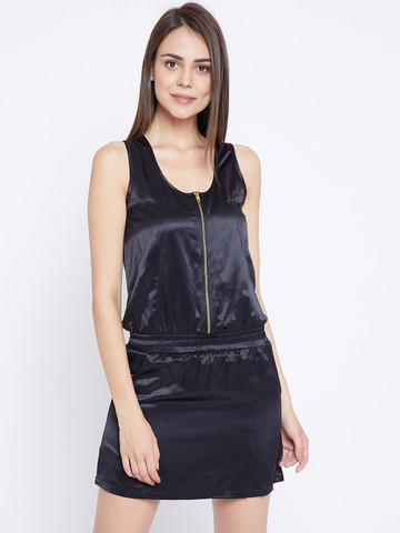 Zastraa Women Black Solid Sheath Dress Zastraa Women Black Solid Sheath Dress