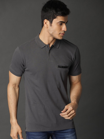 Roadster Men Charcoal Black Solid Polo Collar T-shirt