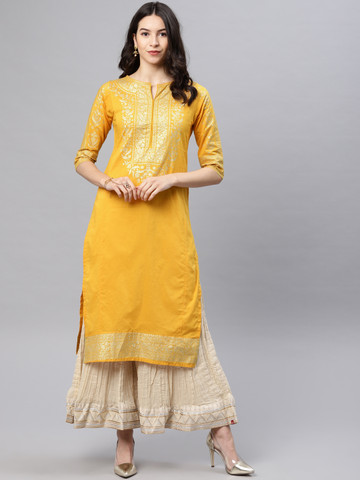 Vishudh Women Mustard & Gold-Toned Solid Straight Kurta