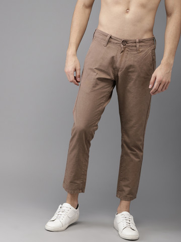 HERE&NOW Men Brown Regular Fit Solid Cropped Regular Trousers HERE&NOW Men Brown Regular Fit Solid Cropped Regular Trousers