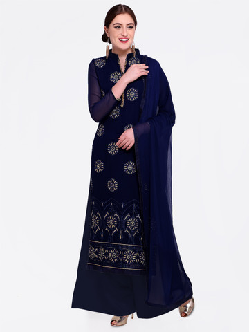Blissta Navy Blue Poly Georgette Unstitched Dress Material