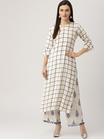 Libas Women Off-White & Navy Blue Printed Kurta with Palazzos Libas Women Off-White & Navy Blue Printed Kurta with Palazzos
