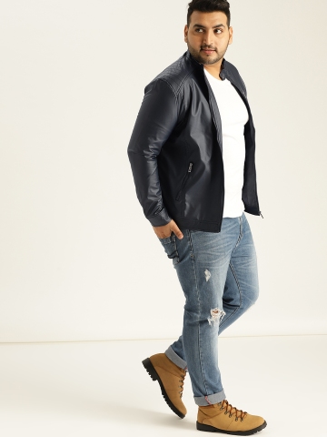 45 OFF on Sztori Plus Size Men Navy Blue Solid Biker Jacket on