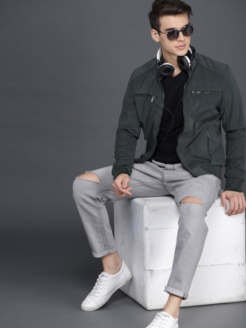 WROGN Men Charcoal Grey Solid Bomber WROGN Men Charcoal Grey Solid Bomber