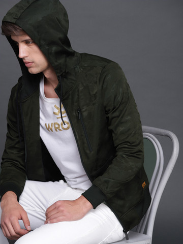 WROGN Men Olive Green Camouflage Printed Hooded Sweatshirt