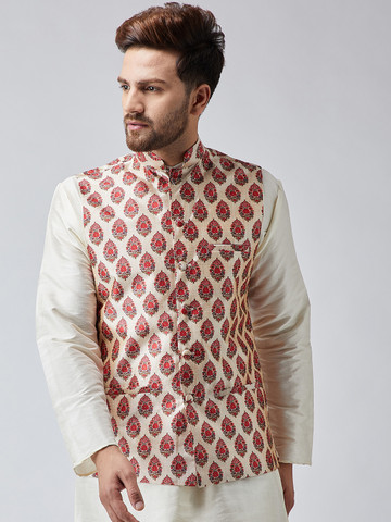 SOJANYA Maroon & Beige Printed Nehru Jacket