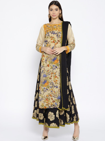 Biba Women Beige & Black Printed Zardozi Kurta with Skirt & Dupatta
