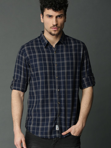 Roadster Men Navy Blue & Brown Regular Fit Checked Casual Shirt Roadster Men Navy Blue & Brown Regular Fit Checked Casual Shirt