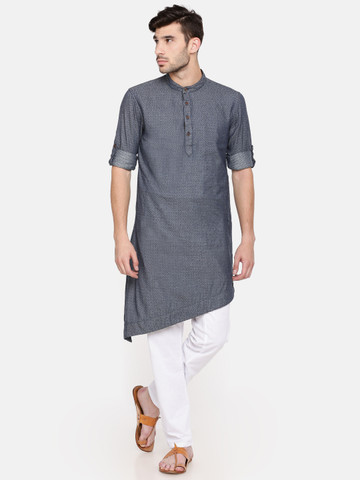 Freehand Men Navy Blue Woven Design Straight Kurta Freehand Men Navy Blue Woven Design Straight Kurta