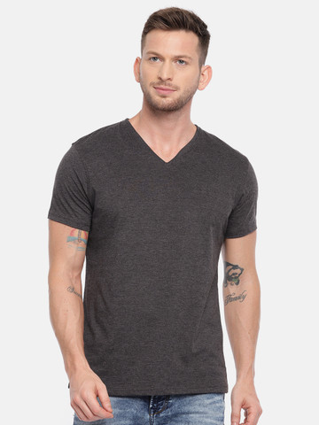 People Men Charcoal Grey Solid V-Neck T-shirt