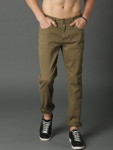 Roadster Men Olive Green Regular Fit Solid Chinos