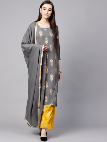 Nayo Women Grey & Yellow Printed Kurta with Palazzos & Dupatta