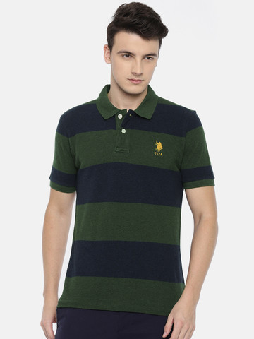 U.S. Polo Assn. Men Olive Green Striped Polo Collar T-shirt