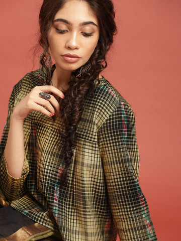 Taavi Women Beige & Black Checked South Cotton Woven Legacy A-Line Top with Pleats