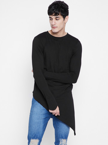 FUGAZEE Men Black Solid Round Neck Longline T-shirt