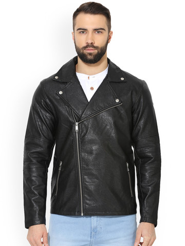 Red Tape Men Black Solid Leather Jacket
