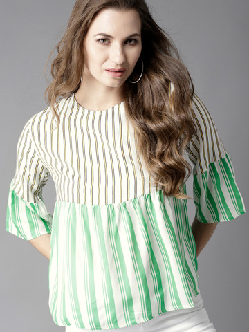 Moda Rapido Women White & Green Striped A-Line Top