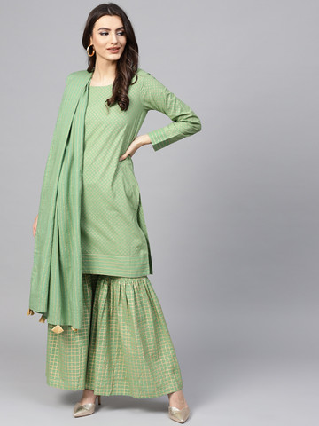 AKS Women Green & Golden Printed Kurta with Sharara & Dupatta