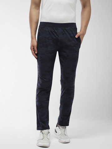 Okane Men Navy Blue & Black Camouflage Print Track Pants