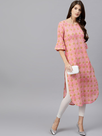 GERUA Women Pink & Green Printed Straight Kurta