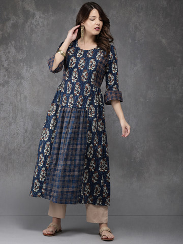 Anouk Women Navy Blue Printed A-Line Kurta
