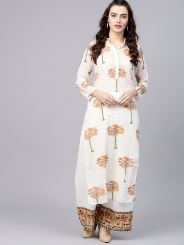 Nayo Women Off-White & Orange Printed Kurta with Palazzos