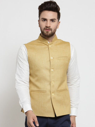 TREEMODA Men Mustard Yellow Solid Nehru Jacket
